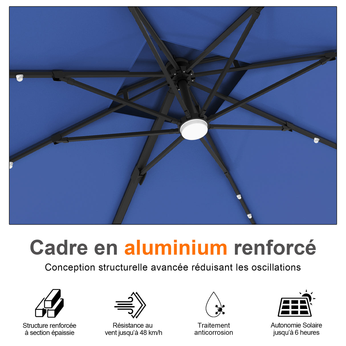 Parasol déporté Patioslife Aegis Pro avec éclairage LED et housse de protection, baleines et mât en aluminium à revêtement thermolaqué — Idéal pour jardins et terrasses