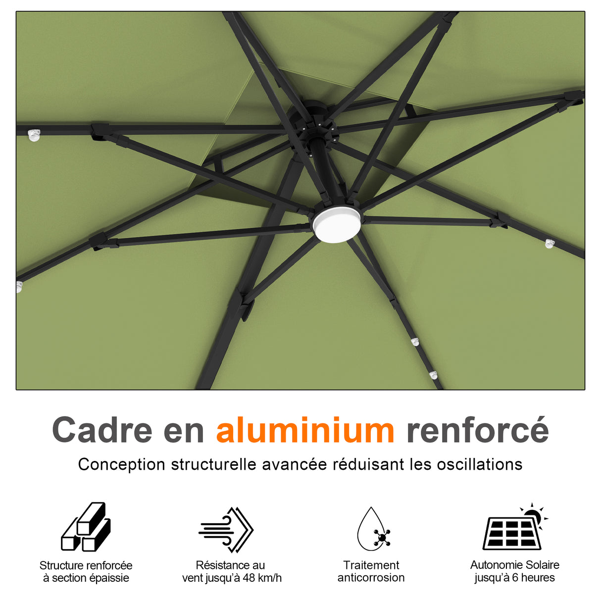 Parasol déporté Patioslife Aegis Pro avec éclairage LED et housse de protection, baleines et mât en aluminium à revêtement thermolaqué — Idéal pour jardins et terrasses