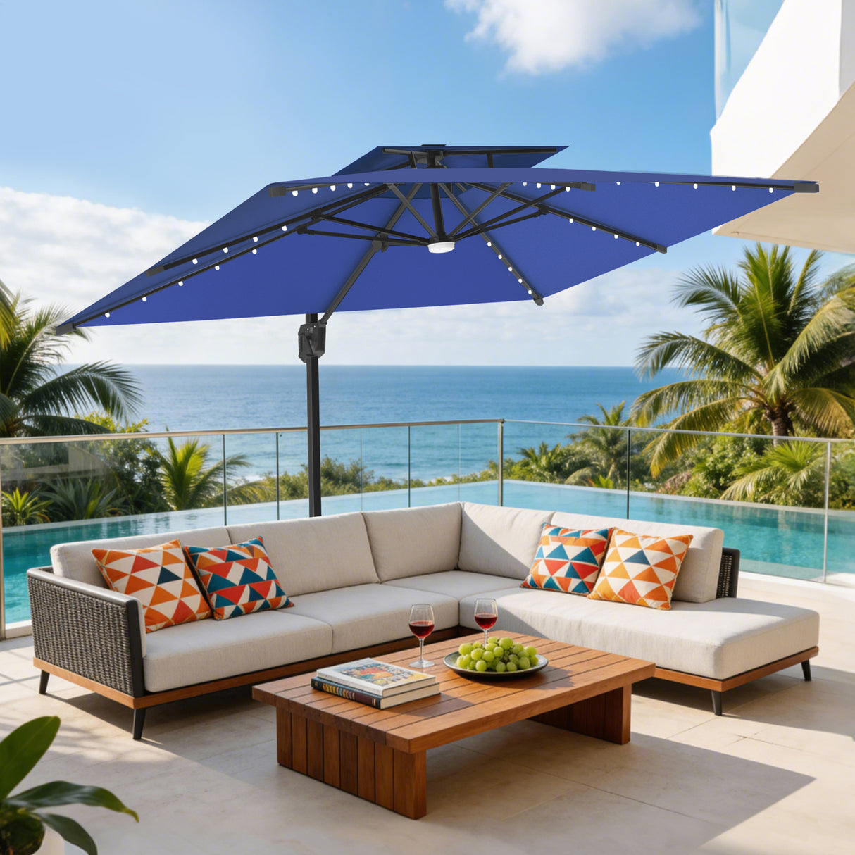 Parasol déporté Patioslife Aegis Pro avec éclairage LED et housse de protection, baleines et mât en aluminium à revêtement thermolaqué — Idéal pour jardins et terrasses