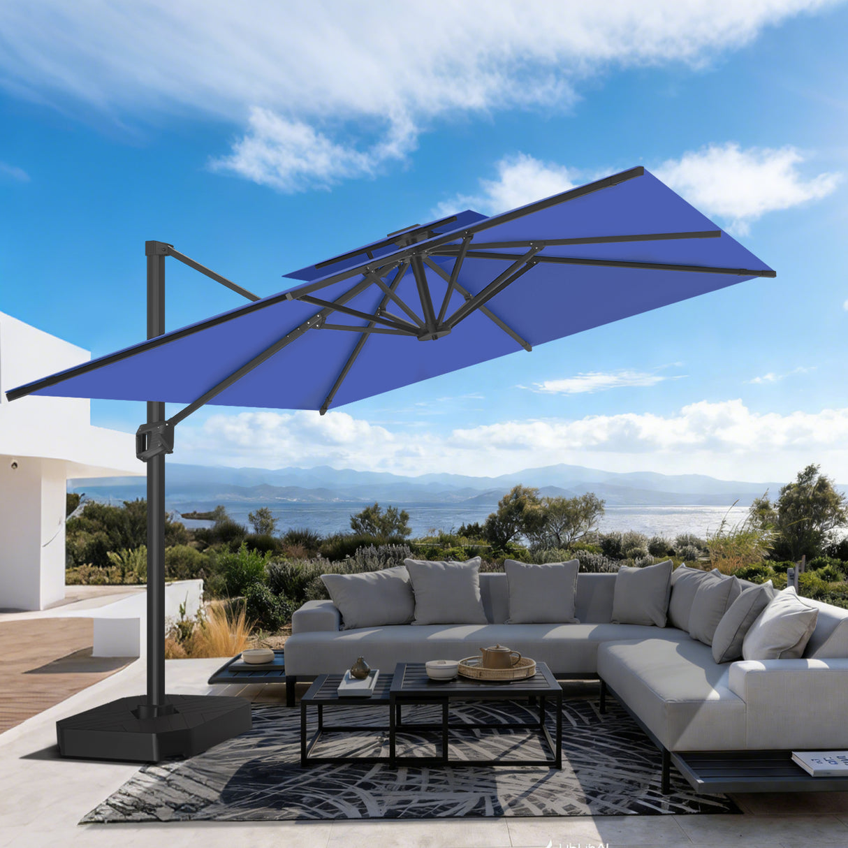 Parasol déporté Patioslife Aegis Pro™ avec base et housse de protection — Baleines en fibre de verre et mât en aluminium à revêtement thermolaqué pour jardin et terrasse