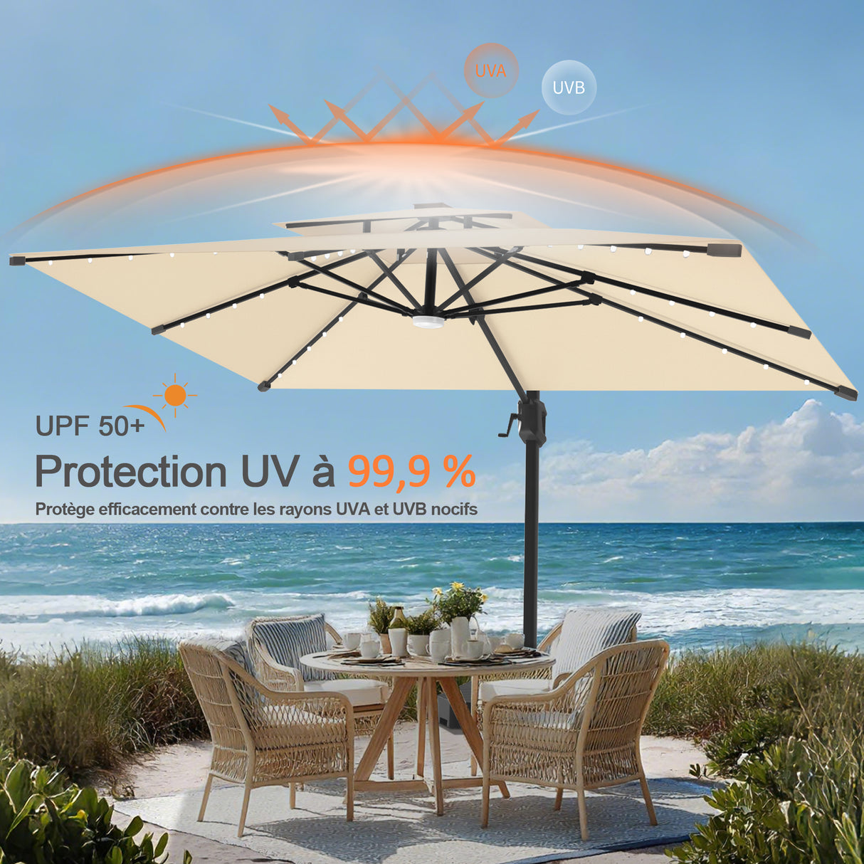 Parasol déporté Patioslife Aegis Pro avec éclairage LED et housse de protection, baleines et mât en aluminium à revêtement thermolaqué — Idéal pour jardins et terrasses