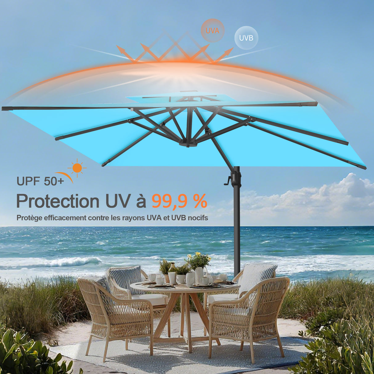 Parasol déporté Patioslife Aegis Pro™ avec base et housse de protection — Baleines en fibre de verre et mât en aluminium à revêtement thermolaqué pour jardin et terrasse