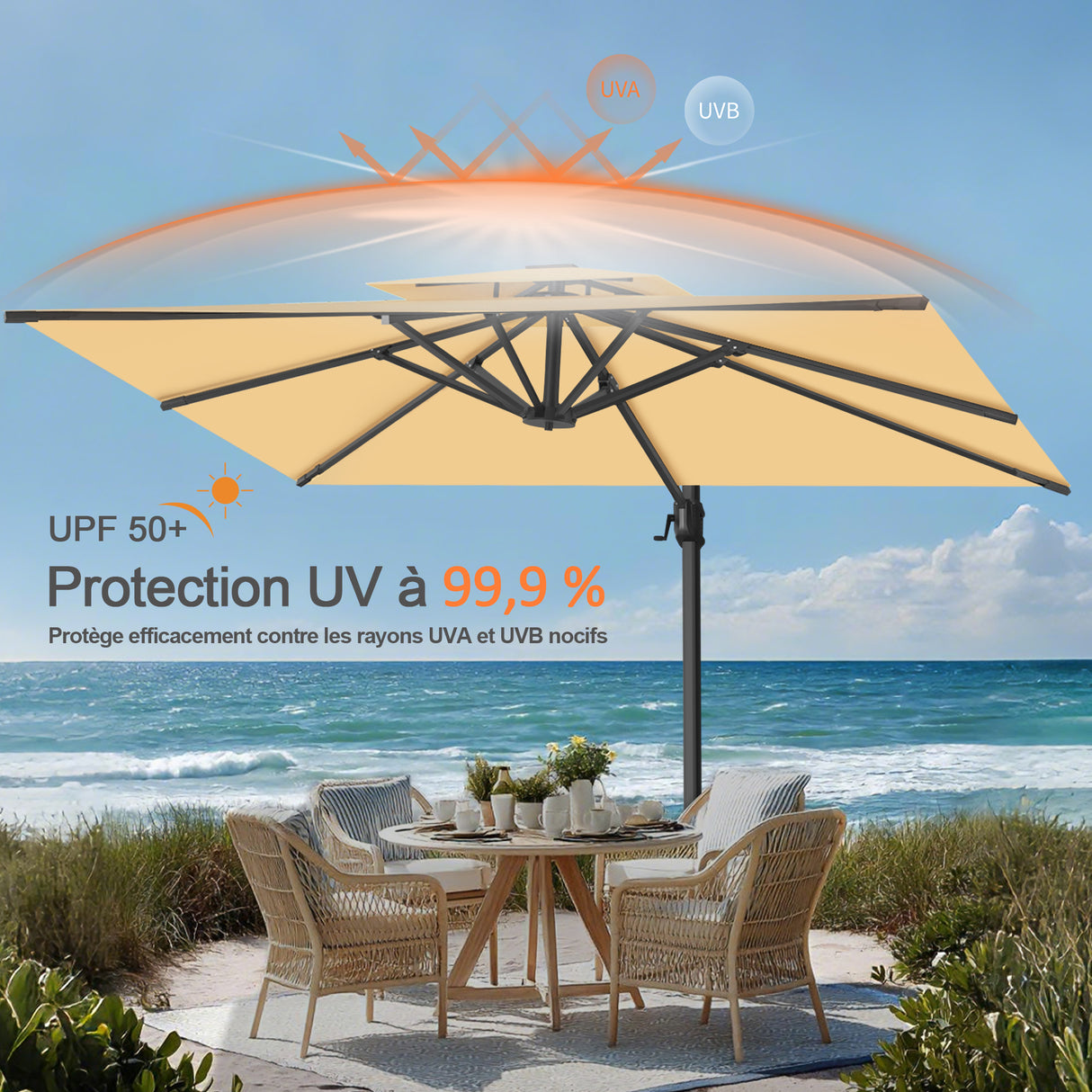Parasol déporté Patioslife Aegis Pro™ avec base et housse de protection — Baleines en fibre de verre et mât en aluminium à revêtement thermolaqué pour jardin et terrasse