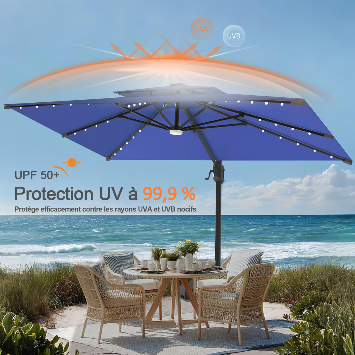 Parasol déporté Patioslife Aegis Pro avec éclairage LED et housse de protection, baleines et mât en aluminium à revêtement thermolaqué — Idéal pour jardins et terrasses