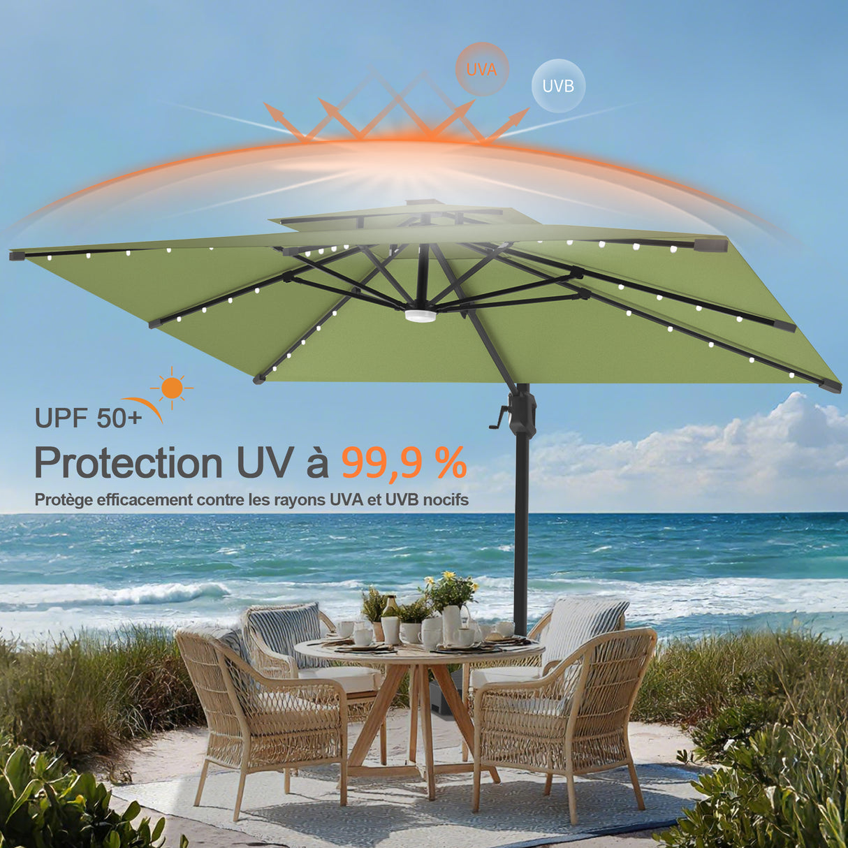 Parasol déporté Patioslife Aegis Pro avec éclairage LED et housse de protection, baleines et mât en aluminium à revêtement thermolaqué — Idéal pour jardins et terrasses