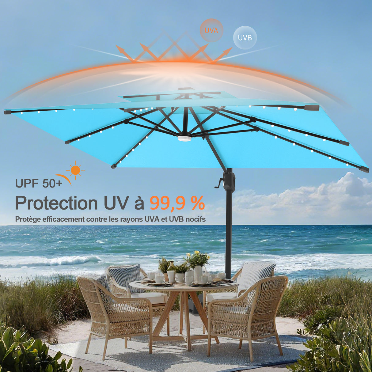 Parasol déporté Patioslife Aegis Pro avec éclairage LED et housse de protection, baleines et mât en aluminium à revêtement thermolaqué — Idéal pour jardins et terrasses