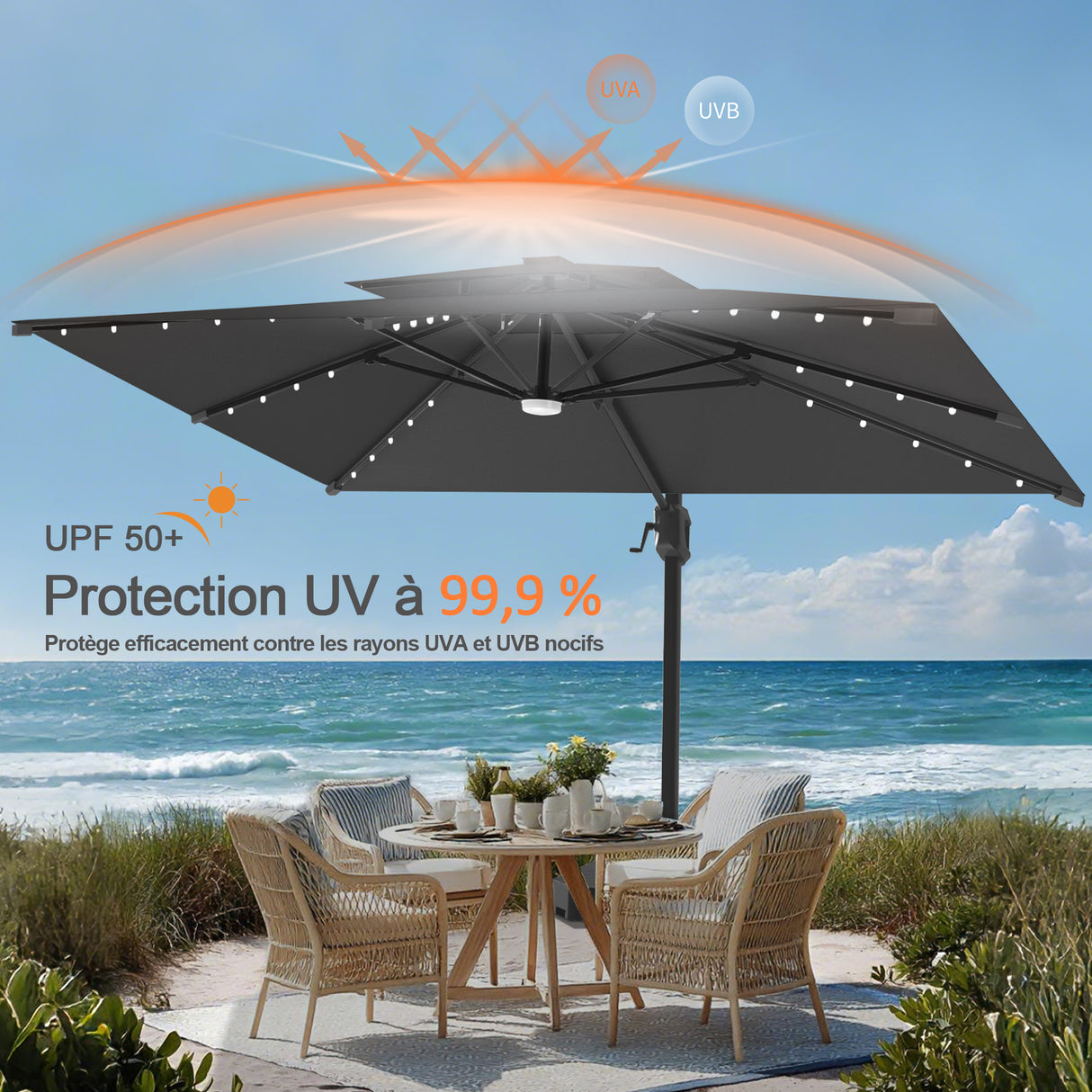 Parasol déporté Patioslife Aegis Pro avec éclairage LED et housse de protection, baleines et mât en aluminium à revêtement thermolaqué — Idéal pour jardins et terrasses