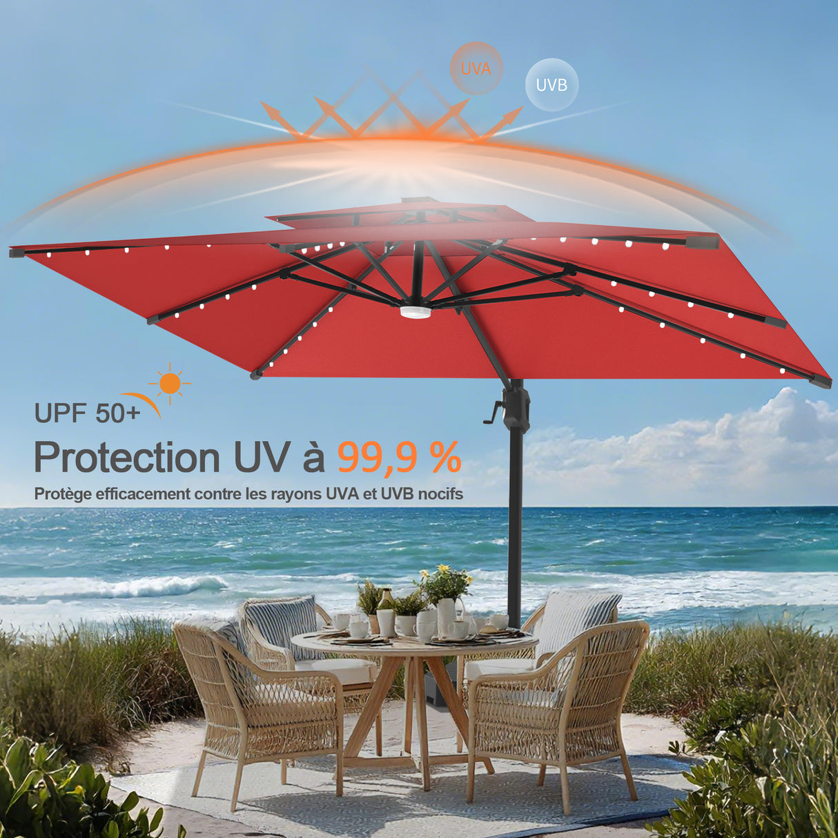 Parasol déporté Patioslife Aegis Pro avec éclairage LED et housse de protection, baleines et mât en aluminium à revêtement thermolaqué — Idéal pour jardins et terrasses