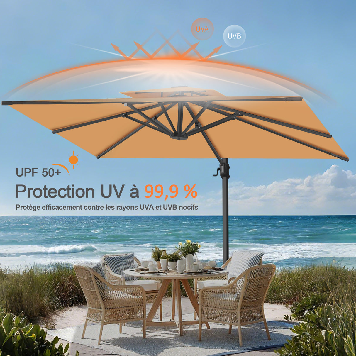 Parasol déporté Patioslife Aegis Pro™ avec base et housse de protection — Baleines en fibre de verre et mât en aluminium à revêtement thermolaqué pour jardin et terrasse