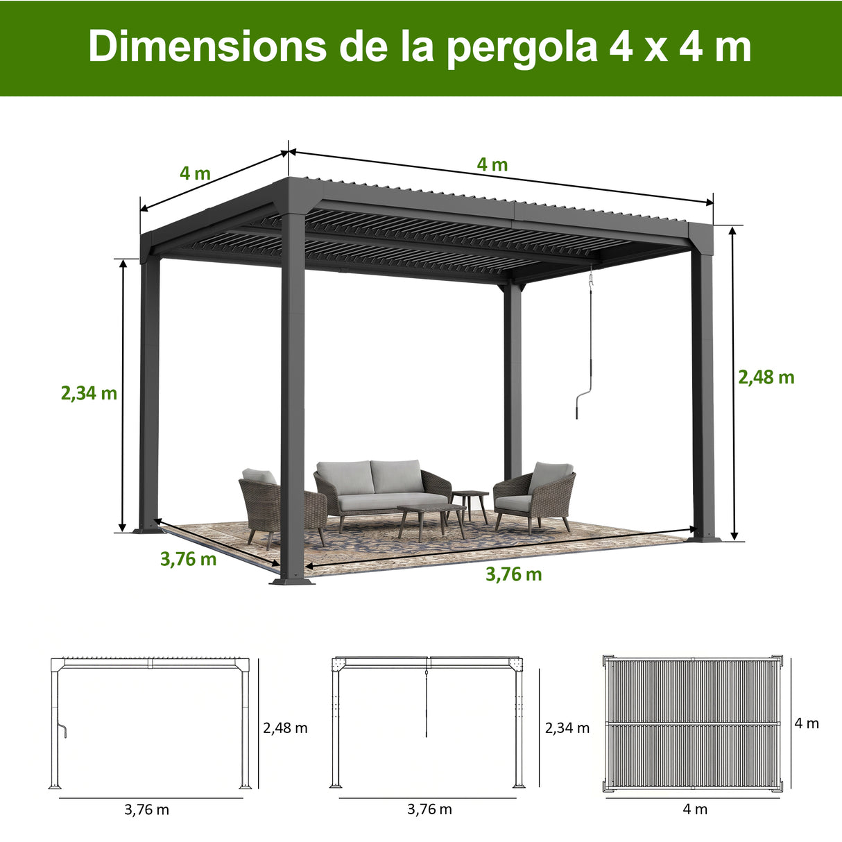 Patioslife Atlantic | Pergola à lames orientables en aluminium avec toit réglable et éclairage LED intégré, abri extérieur autonome pour terrasse, patio et piscine