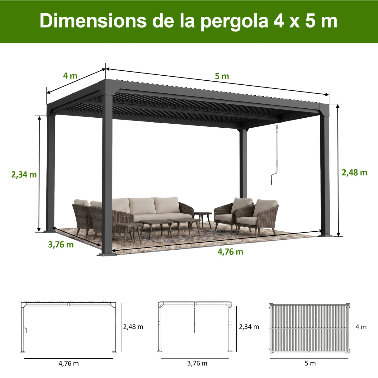 Patioslife Atlantic | Pergola à lames orientables en aluminium avec toit réglable et éclairage LED intégré, abri extérieur autonome pour terrasse, patio et piscine