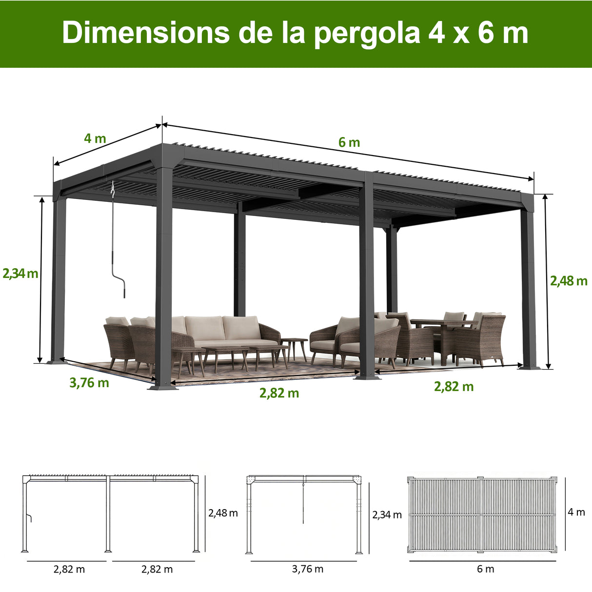 Patioslife Atlantic | Pergola à lames orientables en aluminium avec toit réglable et éclairage LED intégré, abri extérieur autonome pour terrasse, patio et piscine