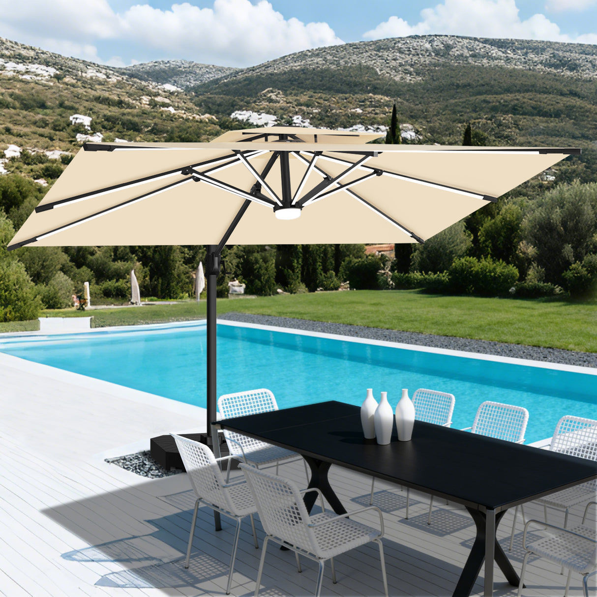 Patioslife Aegis – Parasol déporté Premium avec éclairage LED intégré, base croisée en métal et baleines en fibre de verre