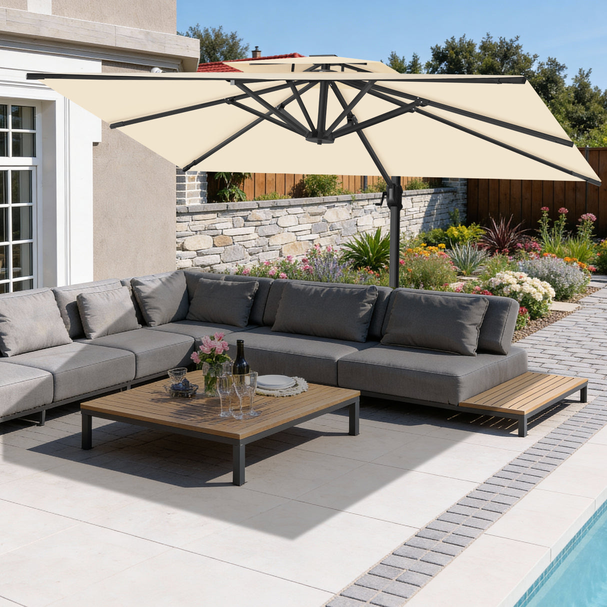Parasol déporté Patioslife Aegis Pro™ avec base et housse de protection — Baleines en fibre de verre et mât en aluminium à revêtement thermolaqué pour jardin et terrasse