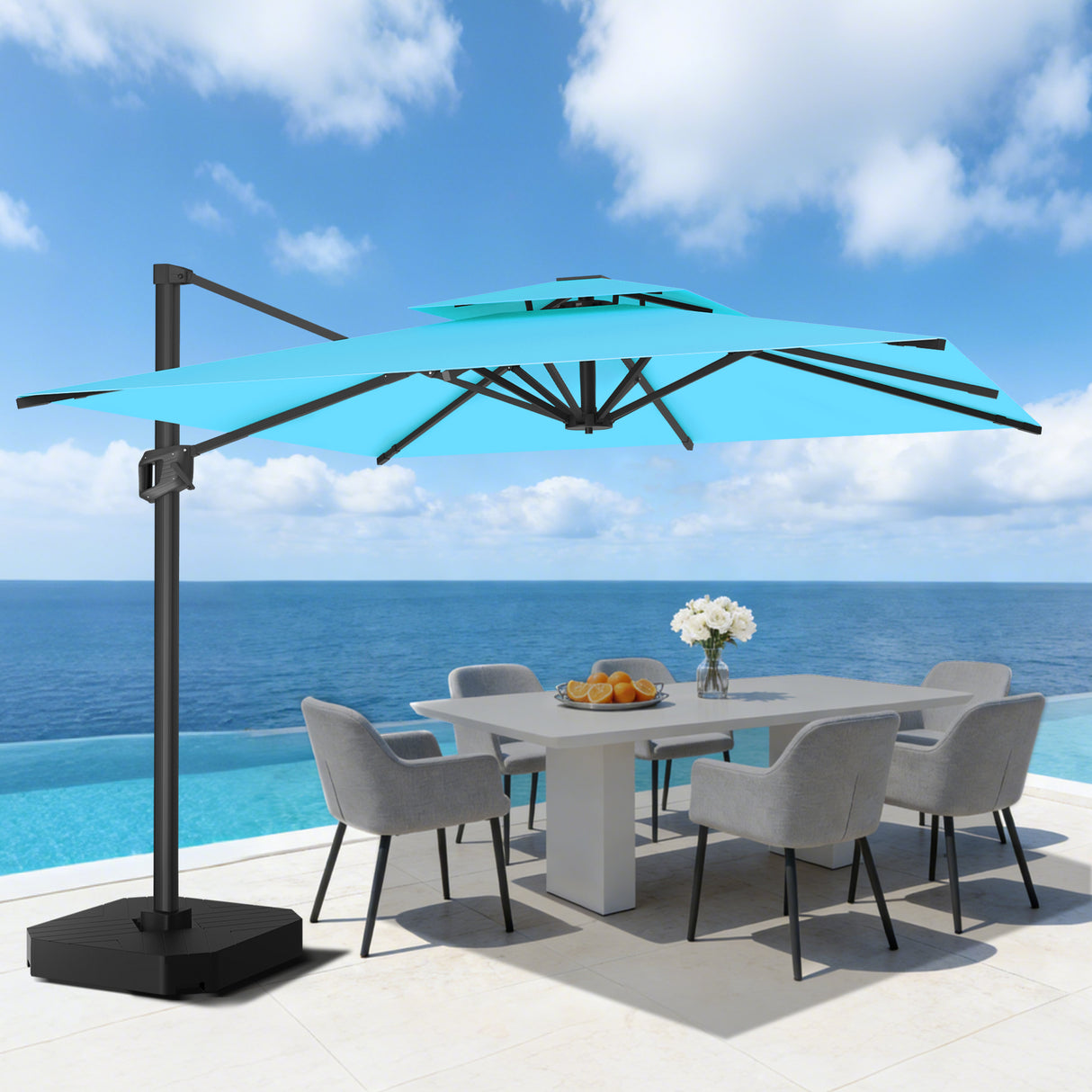 Parasol déporté Patioslife Aegis Pro™ avec base et housse de protection — Baleines en fibre de verre et mât en aluminium à revêtement thermolaqué pour jardin et terrasse