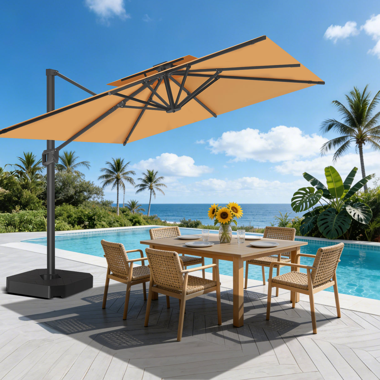 Parasol déporté Patioslife Aegis Pro™ avec base et housse de protection — Baleines en fibre de verre et mât en aluminium à revêtement thermolaqué pour jardin et terrasse