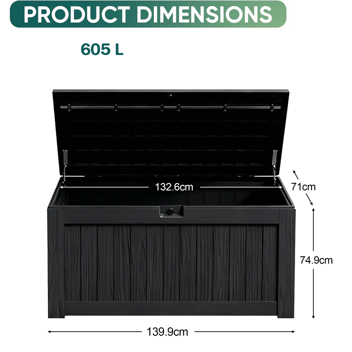 Coffre de rangement en résine – grand, résistant aux intempéries, anti-UV et verrouillable, idéal pour les coussins, les outils de jardin et les accessoires de piscine.