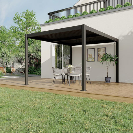 Aluminium Louvered Pergola,patioslife,Poolside,Outdoor Leisure Area,Outdoor Kitchen or Dining Area,Garden Pathway,Rooftop Terrace,Sun Shading & Light Contro,Space Definition table, and chairs on a wooden deck.