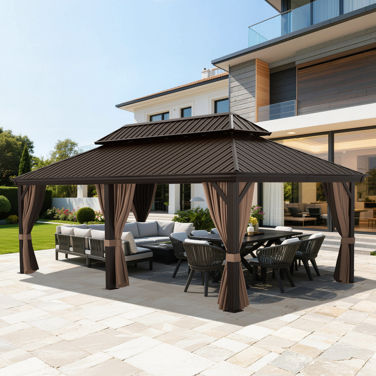 Patioslife Haven | Tonnelle de Jardin en Aluminium à Toit Rigide, Pergola & Pavillon avec Double Aération, Gouttières et Rideaux pour Terrasse
