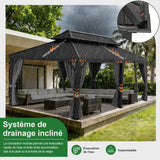Patioslife Haven | Gazebo à toit rigide avec gouttières de drainage, structure en aluminium, toit doublement aéré et rideaux, pergola pour terrasse ou jardin.