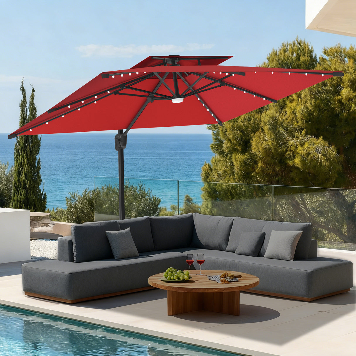 Parasol déporté Patioslife Aegis Pro avec éclairage LED et housse de protection, baleines et mât en aluminium à revêtement thermolaqué — Idéal pour jardins et terrasses