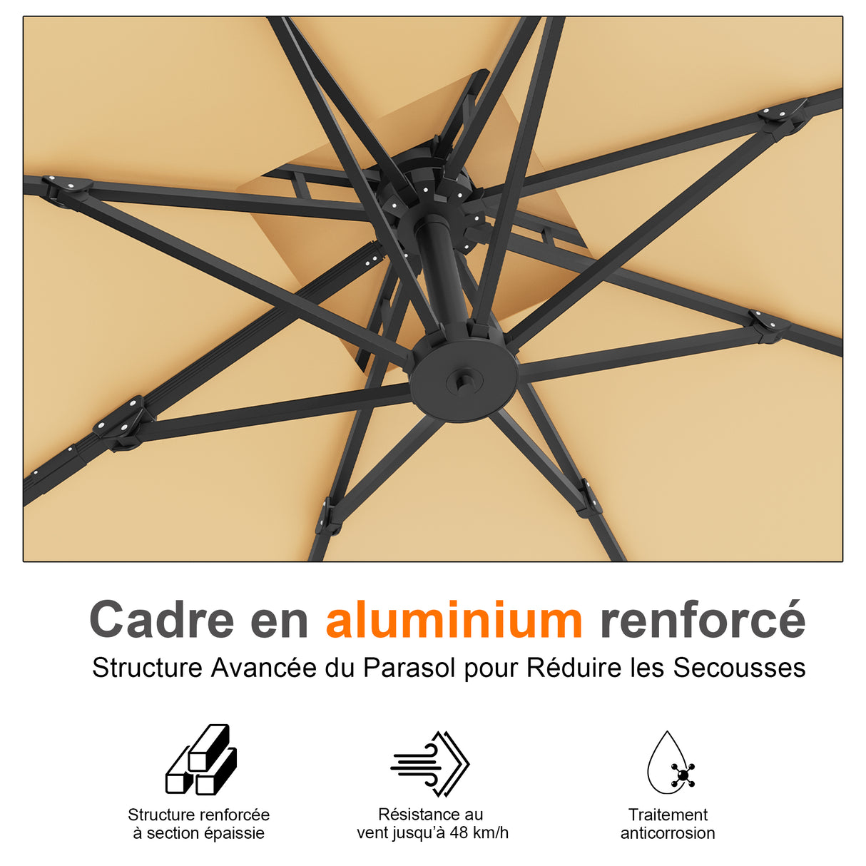 Parasol déporté Patioslife Aegis Pro™ avec base et housse de protection — Baleines en fibre de verre et mât en aluminium à revêtement thermolaqué pour jardin et terrasse