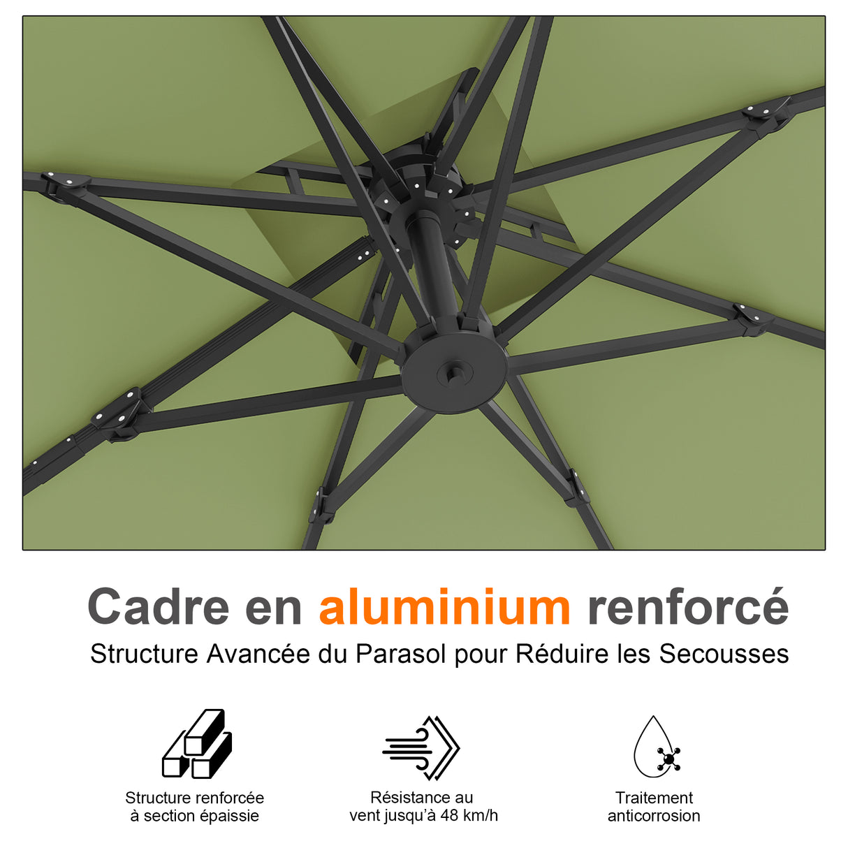 Parasol déporté Patioslife Aegis Pro™ avec base et housse de protection — Baleines en fibre de verre et mât en aluminium à revêtement thermolaqué pour jardin et terrasse