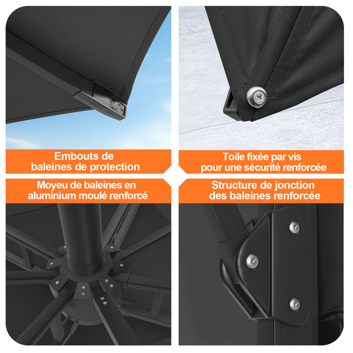 Parasol déporté Patioslife Aegis Pro™ avec base et housse de protection — Baleines en fibre de verre et mât en aluminium à revêtement thermolaqué pour jardin et terrasse