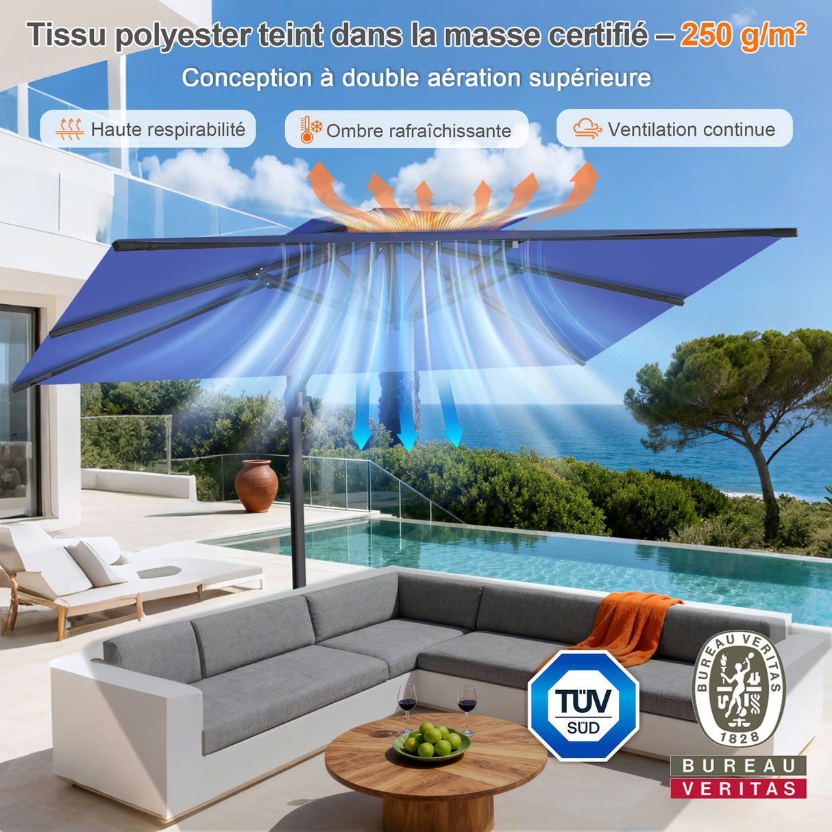 Parasol déporté Patioslife Aegis Pro™ avec base et housse de protection — Baleines en fibre de verre et mât en aluminium à revêtement thermolaqué pour jardin et terrasse