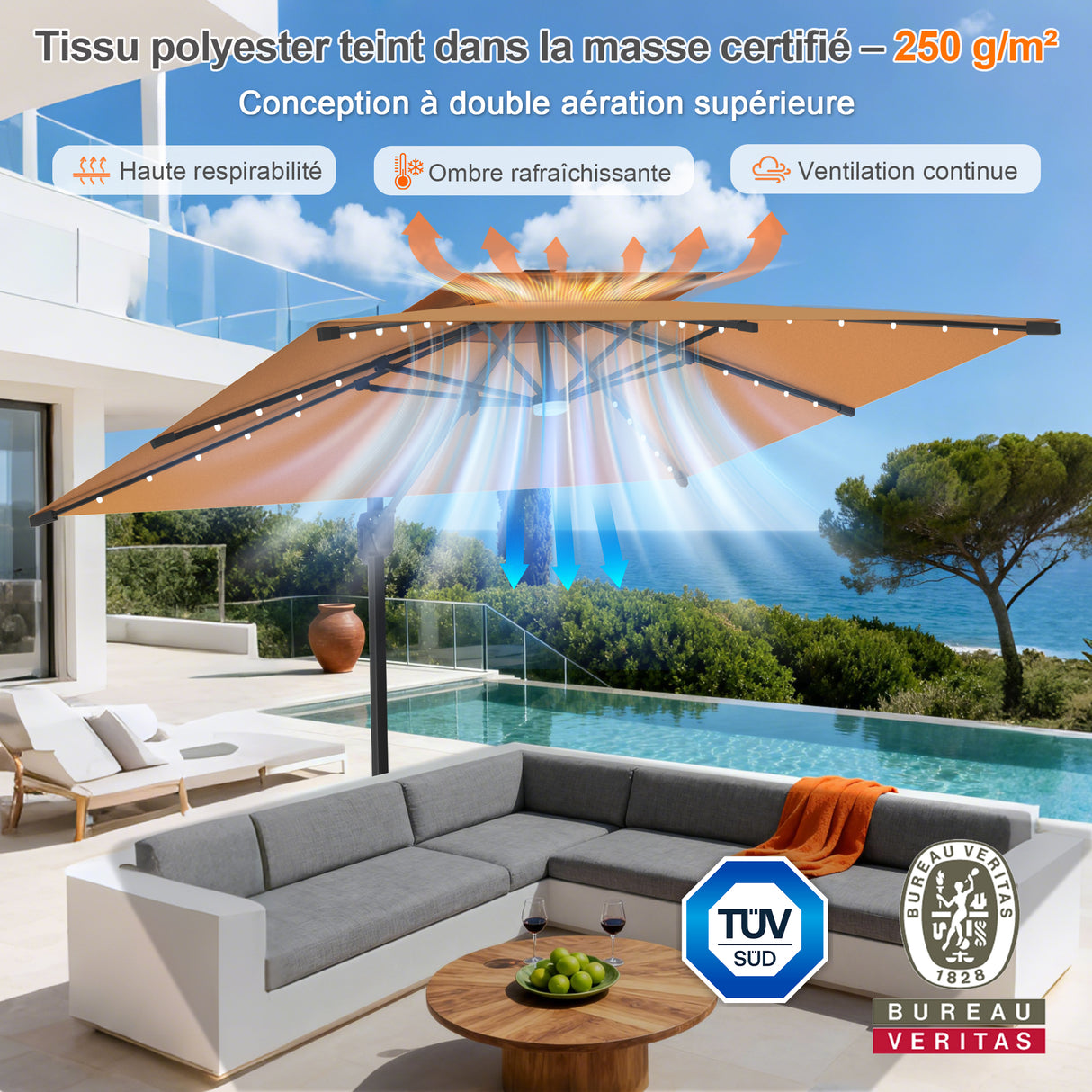 Parasol déporté Patioslife Aegis Pro avec éclairage LED et housse de protection, baleines et mât en aluminium à revêtement thermolaqué — Idéal pour jardins et terrasses