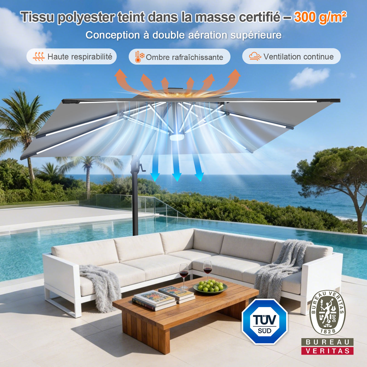 Patioslife Aegis – Parasol déporté Premium avec éclairage LED intégré, base croisée en métal et baleines en fibre de verre