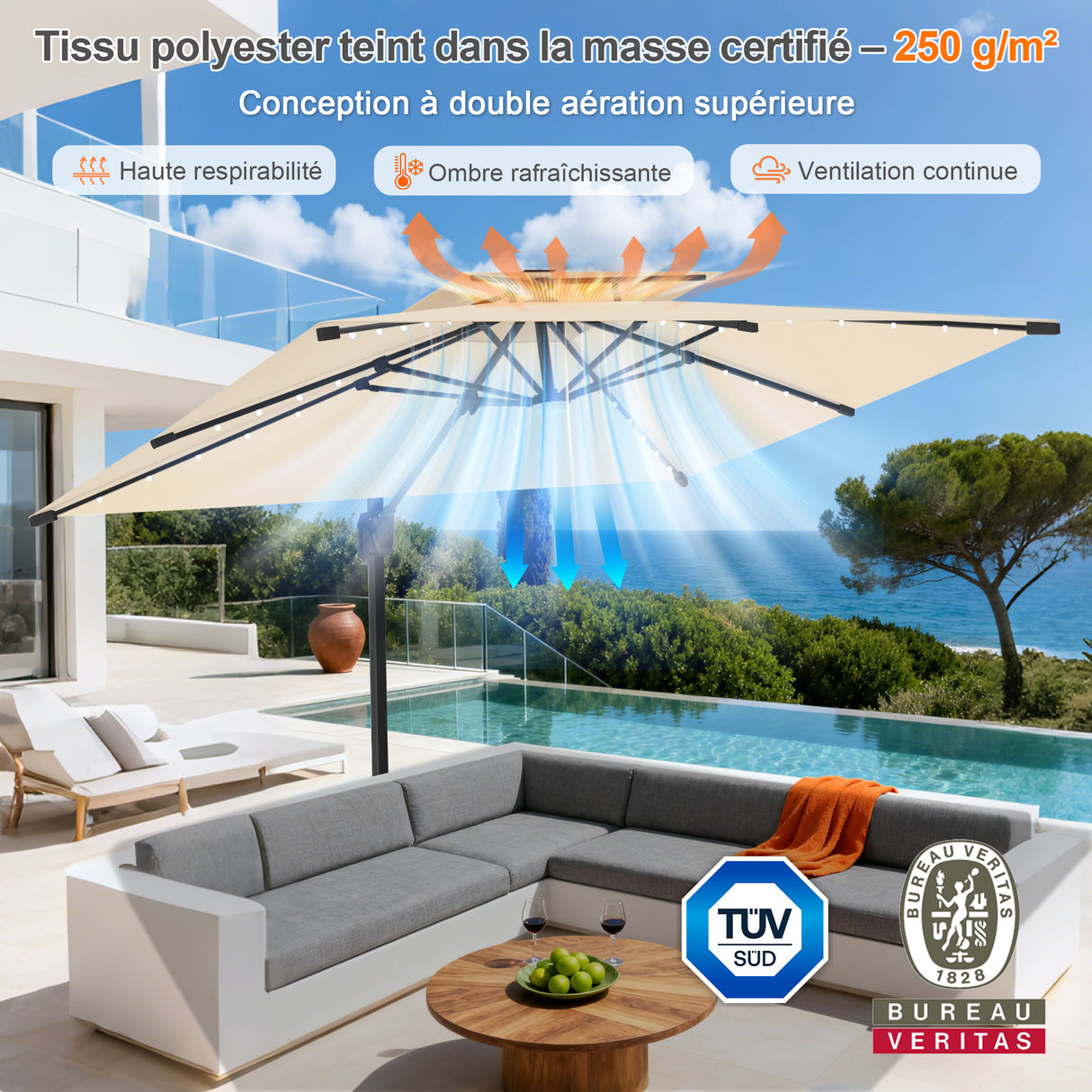 Parasol déporté Patioslife Aegis Pro avec éclairage LED et housse de protection, baleines et mât en aluminium à revêtement thermolaqué — Idéal pour jardins et terrasses