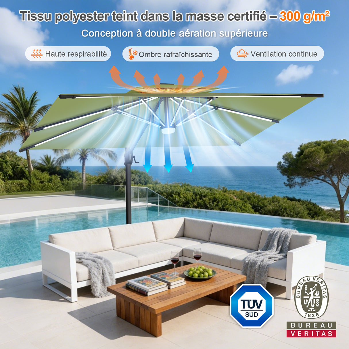 Patioslife Aegis – Parasol déporté Premium avec éclairage LED intégré, base croisée en métal et baleines en fibre de verre