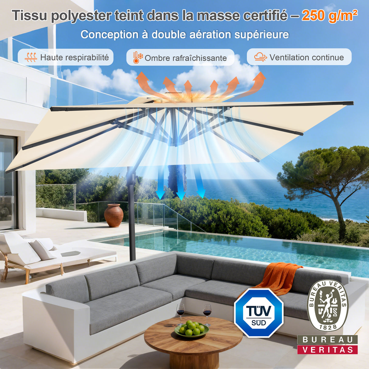 Parasol déporté Patioslife Aegis Pro™ avec base et housse de protection — Baleines en fibre de verre et mât en aluminium à revêtement thermolaqué pour jardin et terrasse