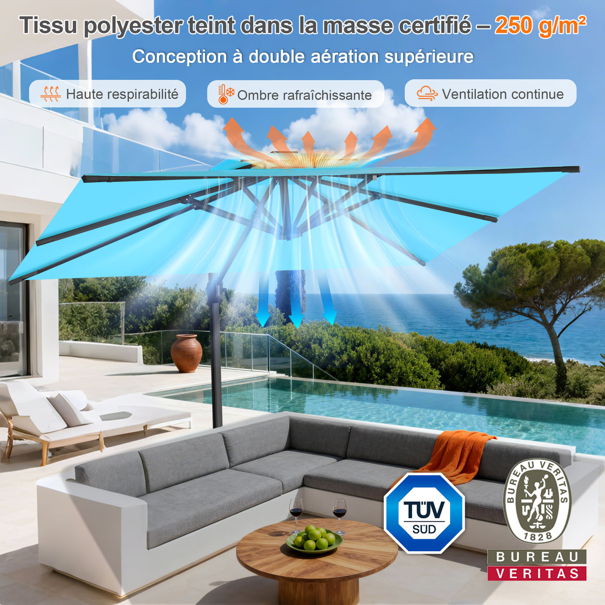 Parasol déporté Patioslife Aegis Pro™ avec base et housse de protection — Baleines en fibre de verre et mât en aluminium à revêtement thermolaqué pour jardin et terrasse