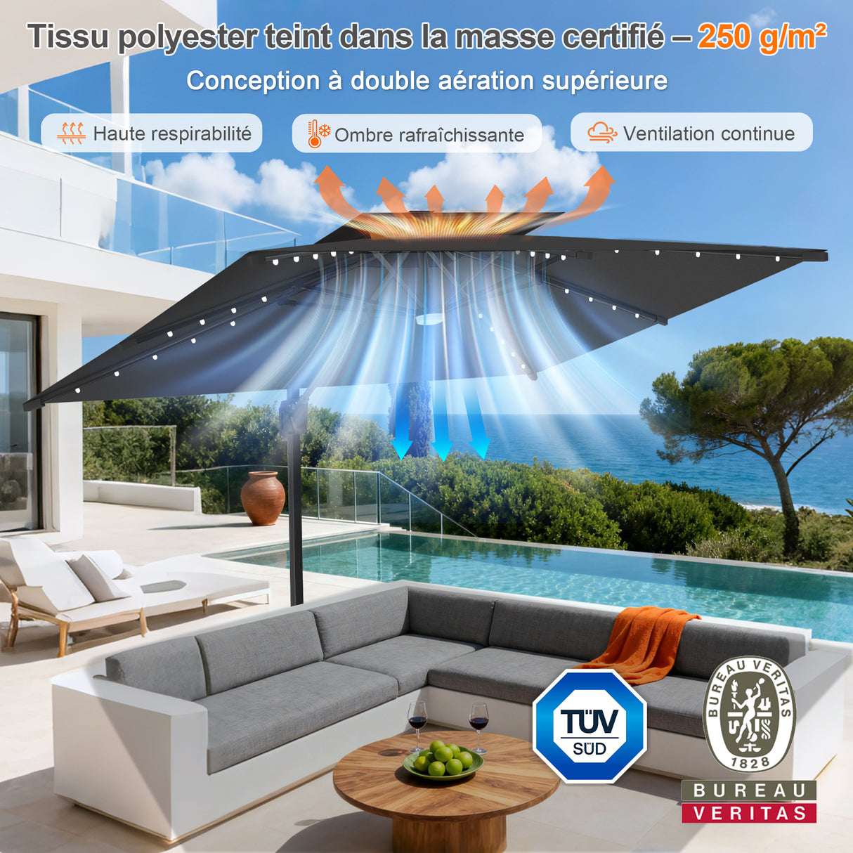 Parasol déporté Patioslife Aegis Pro avec éclairage LED et housse de protection, baleines et mât en aluminium à revêtement thermolaqué — Idéal pour jardins et terrasses