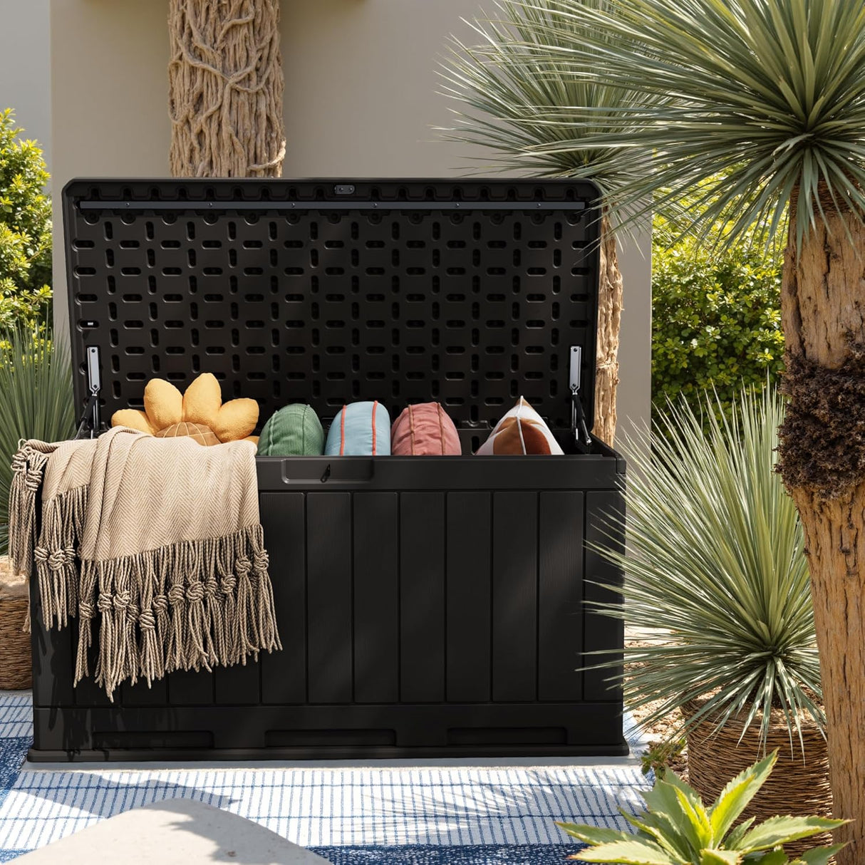 Coffre de rangement en résine – grand, résistant aux intempéries, anti-UV et verrouillable, idéal pour les coussins, les outils de jardin et les accessoires de piscine.