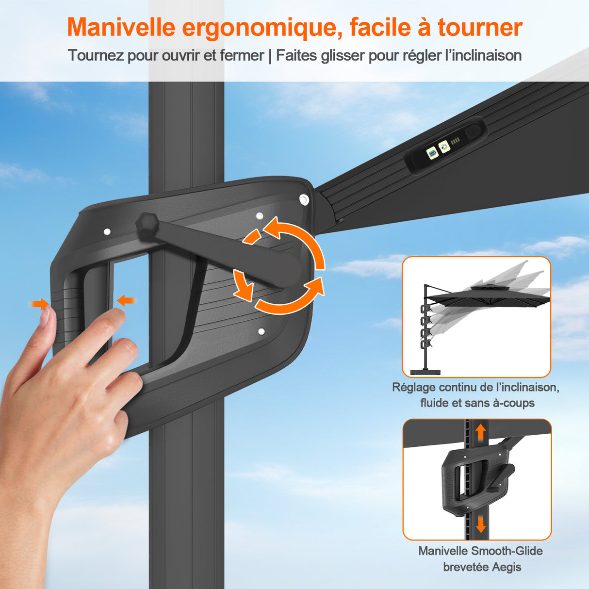 Patioslife Aegis – Parasol déporté Premium avec éclairage LED intégré, base croisée en métal et baleines en fibre de verre