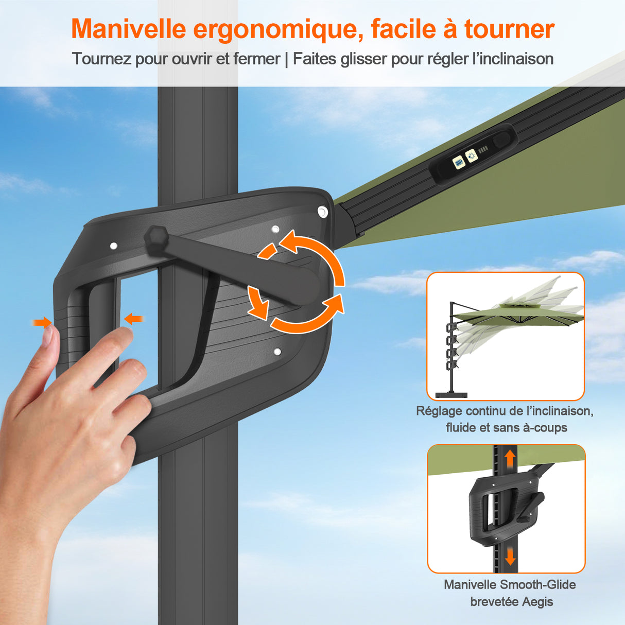 Patioslife Aegis – Parasol déporté Premium avec éclairage LED intégré, base croisée en métal et baleines en fibre de verre