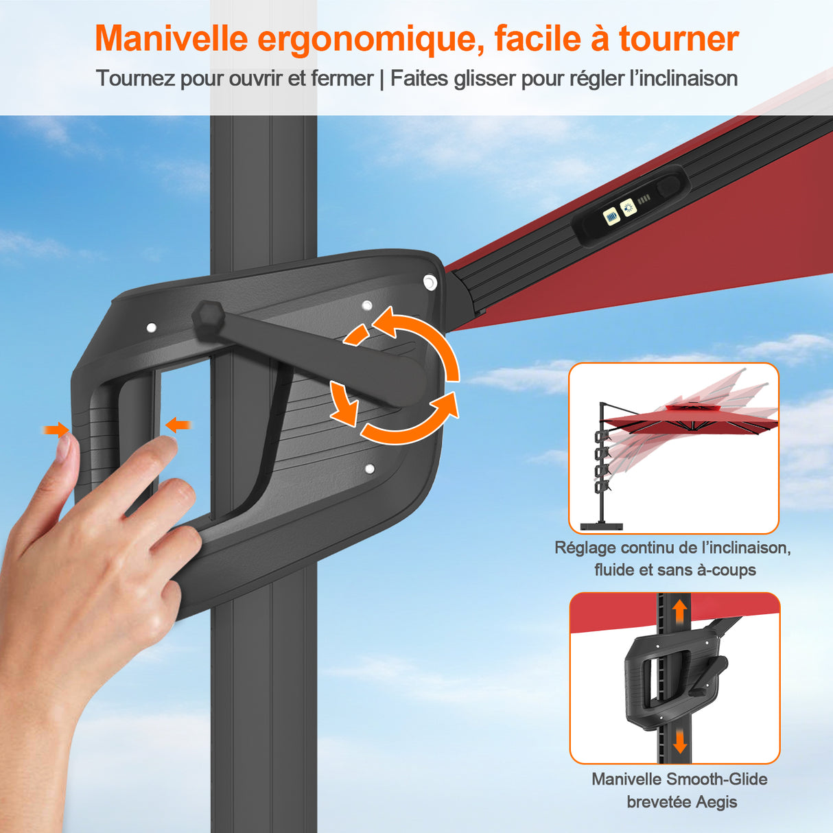 Patioslife Aegis – Parasol déporté Premium avec éclairage LED intégré, base croisée en métal et baleines en fibre de verre