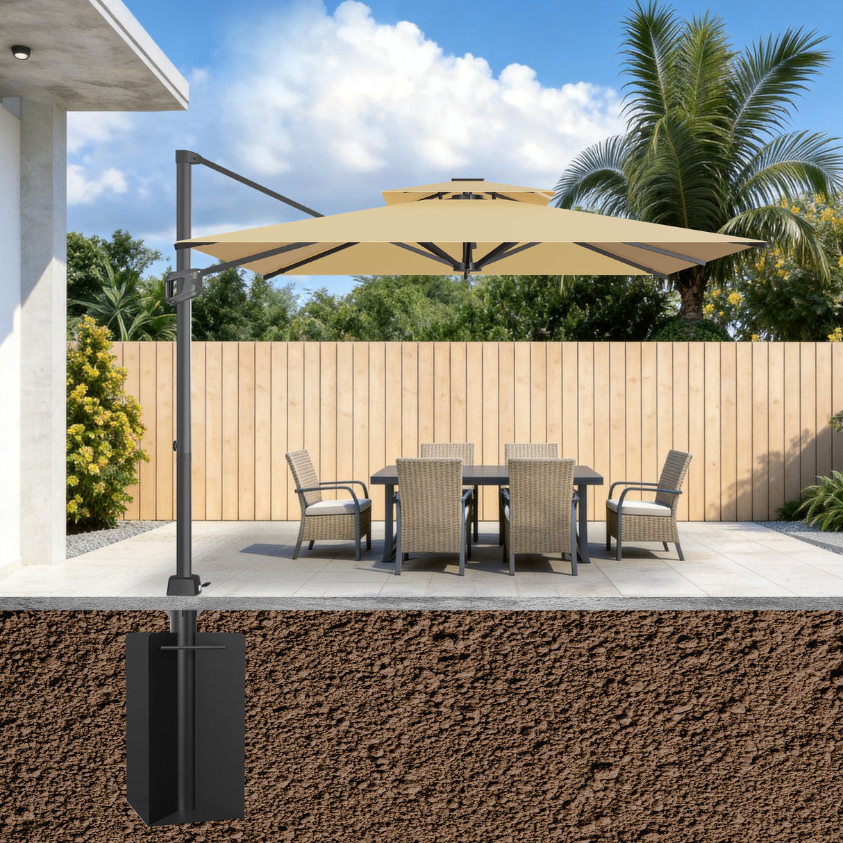 Base à enterrer Patioslife Aegis pour parasol déporté – acier renforcé, profondeur 61 cm, double traitement anticorrosion, stabilité maximale et fixation sécurisée dans le béton