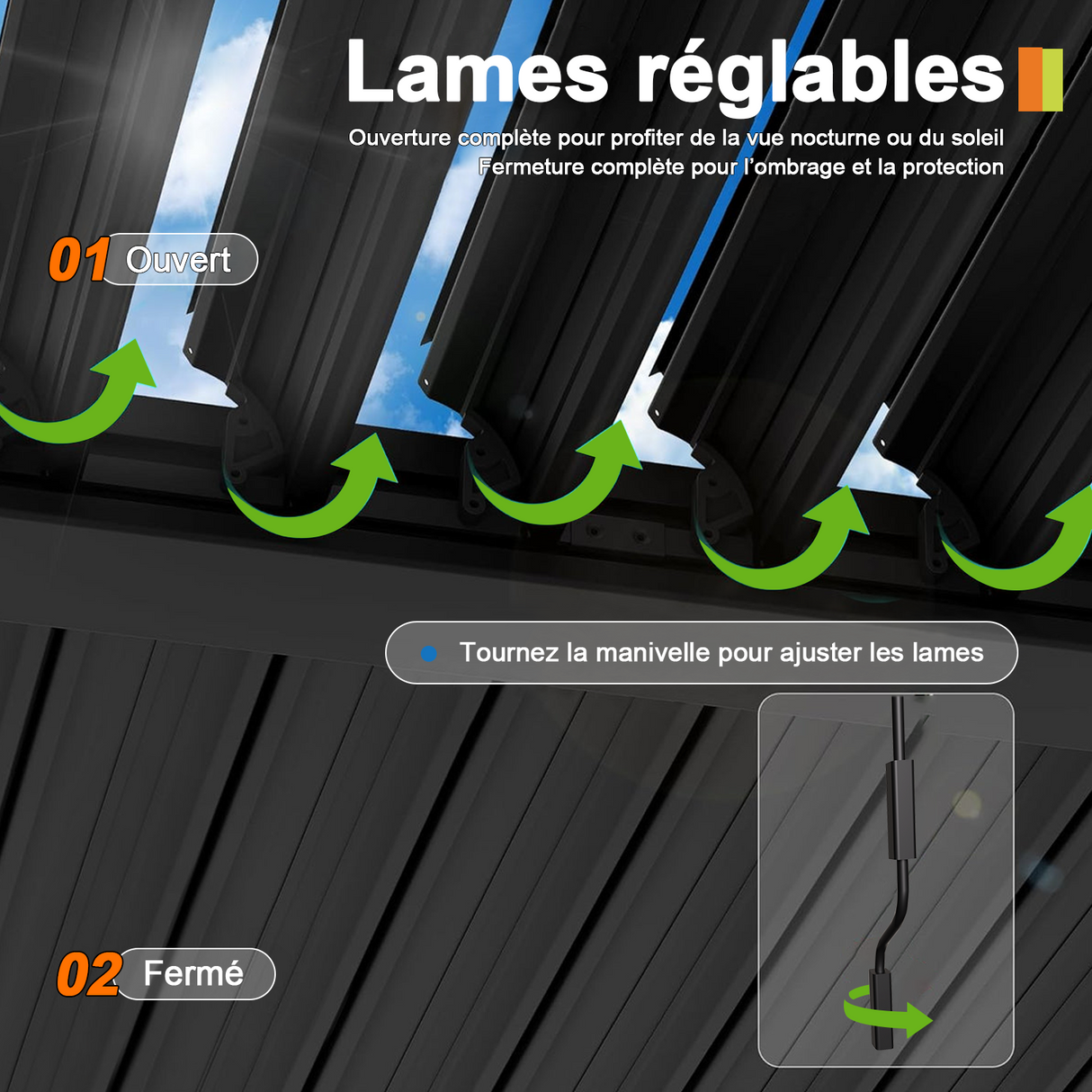 Patioslife Atlantic™ | Pergola à lames orientables en aluminium avec toit réglable et éclairage LED intégré, abri extérieur autonome pour terrasse, patio et piscine