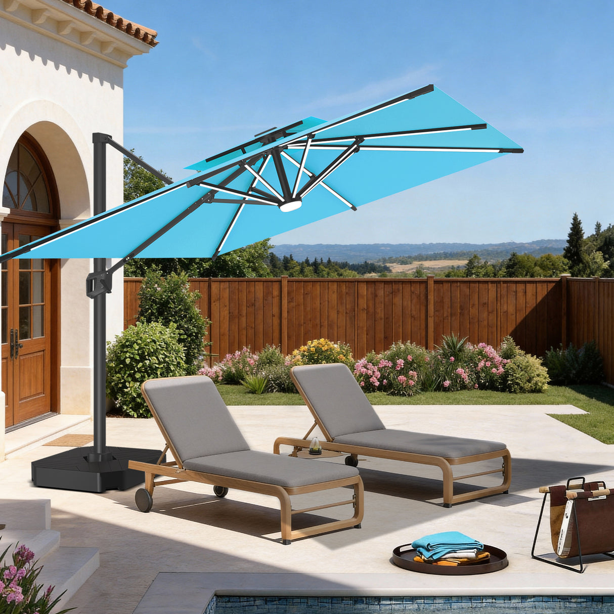 Patioslife Aegis – Parasol déporté Premium avec éclairage LED intégré, base croisée en métal et baleines en fibre de verre