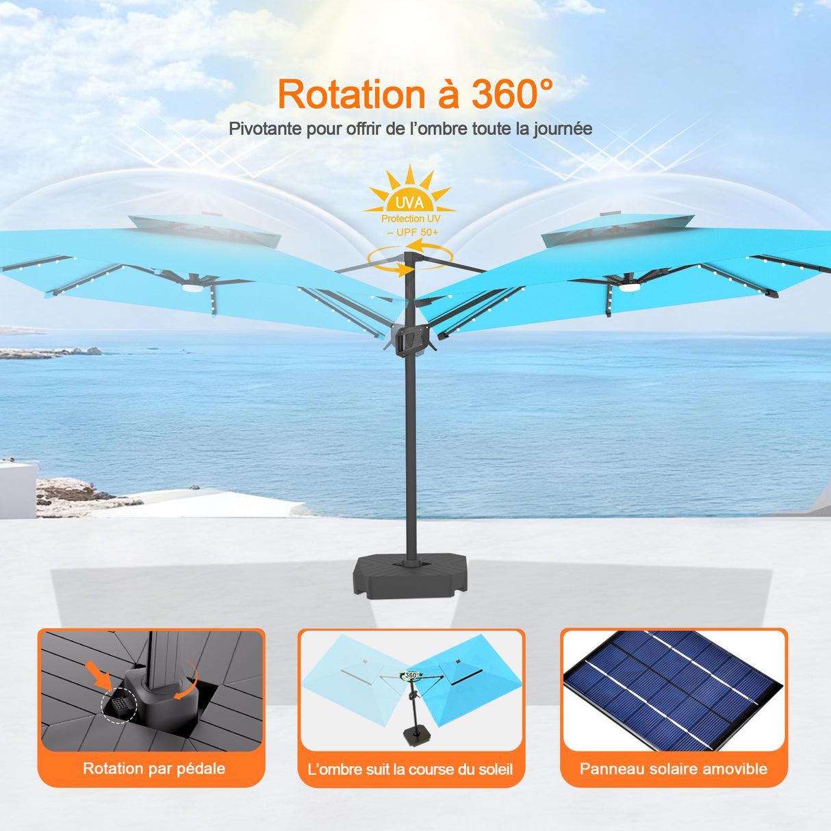 Parasol déporté Patioslife Aegis Pro avec éclairage LED et housse de protection, baleines et mât en aluminium à revêtement thermolaqué — Idéal pour jardins et terrasses