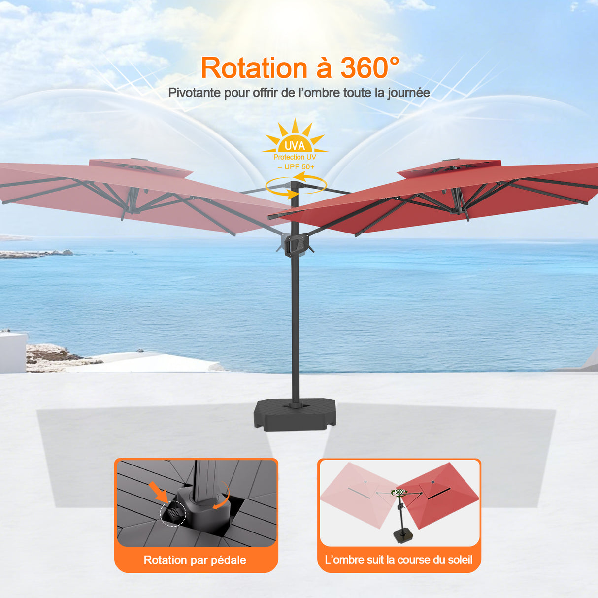 Parasol déporté Patioslife Aegis Pro™ avec base et housse de protection — Baleines en fibre de verre et mât en aluminium à revêtement thermolaqué pour jardin et terrasse