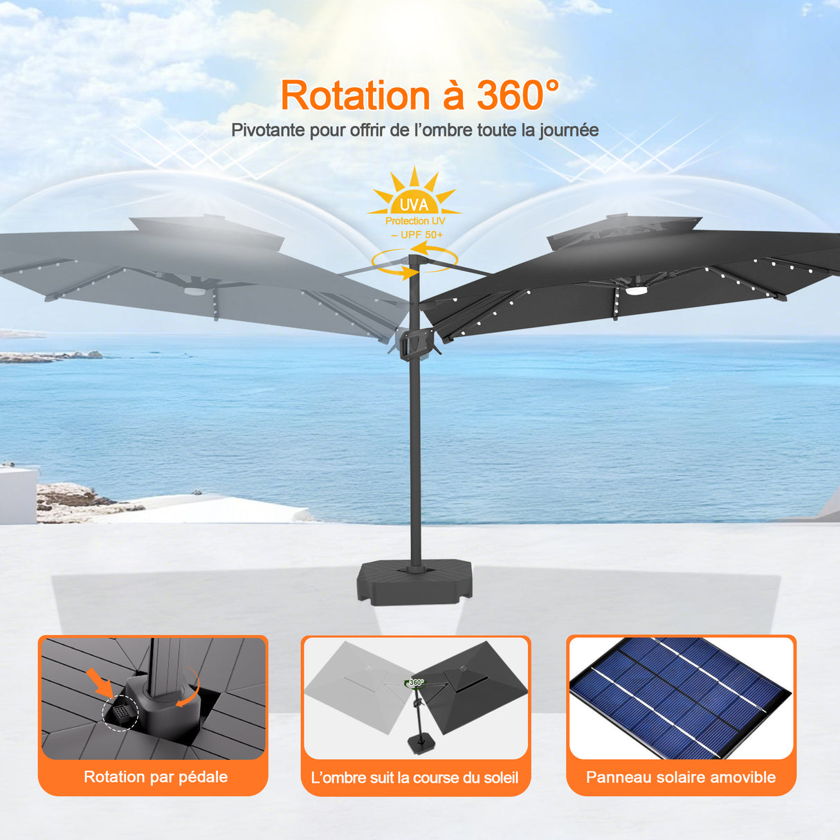 Parasol déporté Patioslife Aegis Pro avec éclairage LED et housse de protection, baleines et mât en aluminium à revêtement thermolaqué — Idéal pour jardins et terrasses