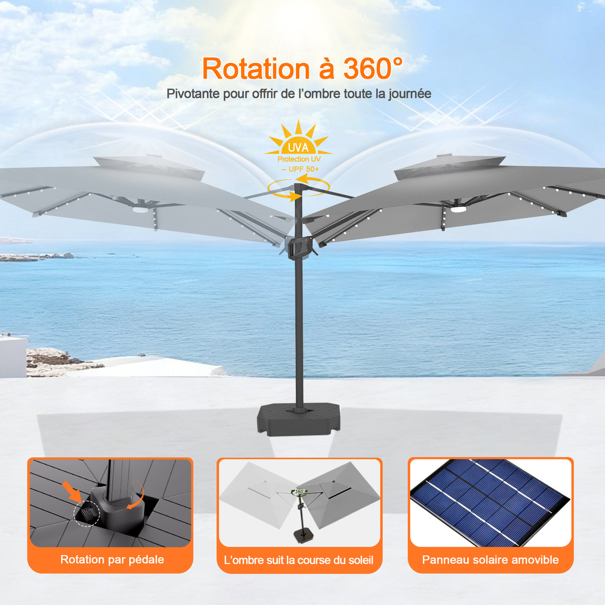 Parasol déporté Patioslife Aegis Pro avec éclairage LED et housse de protection, baleines et mât en aluminium à revêtement thermolaqué — Idéal pour jardins et terrasses