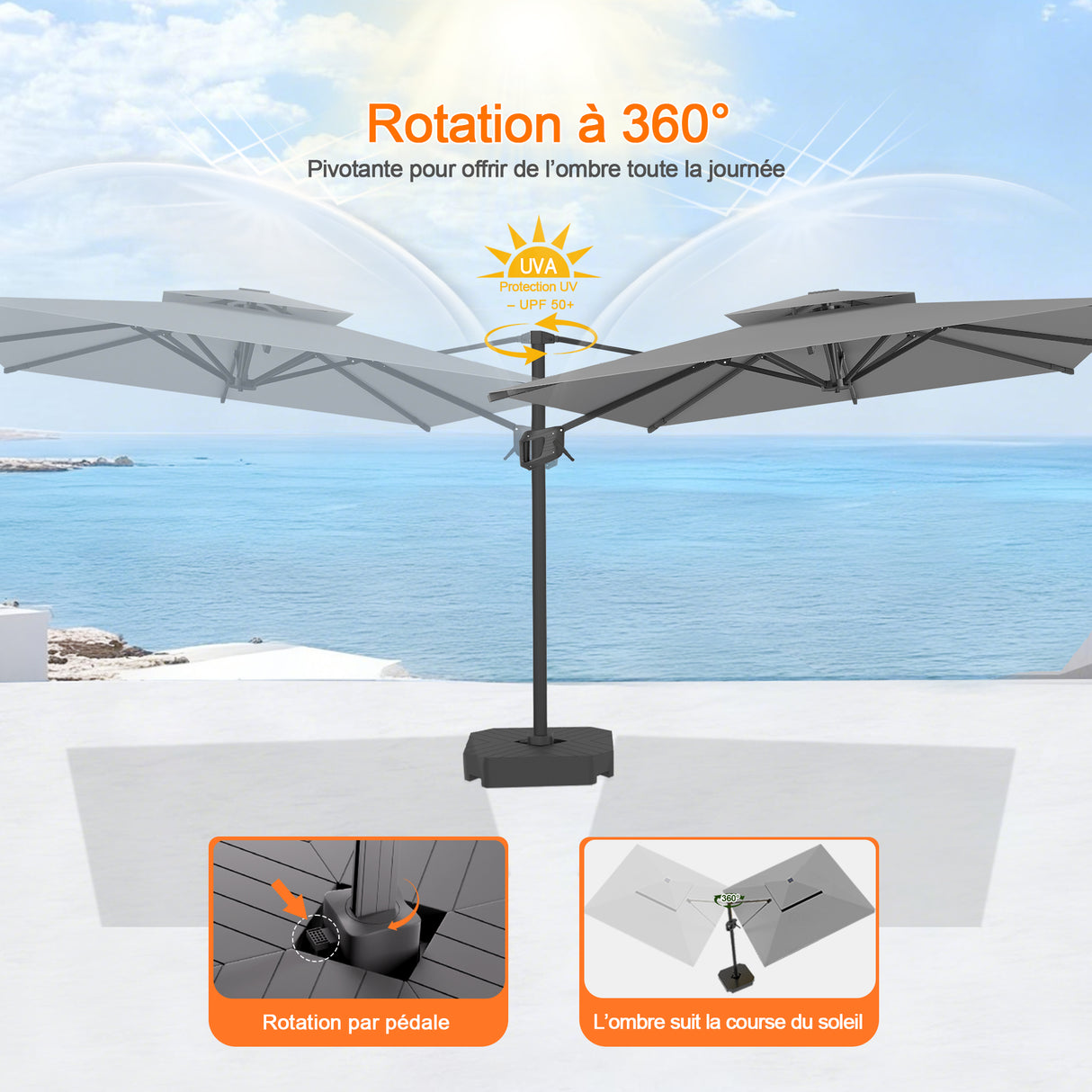 Parasol déporté Patioslife Aegis Pro™ avec base et housse de protection — Baleines en fibre de verre et mât en aluminium à revêtement thermolaqué pour jardin et terrasse