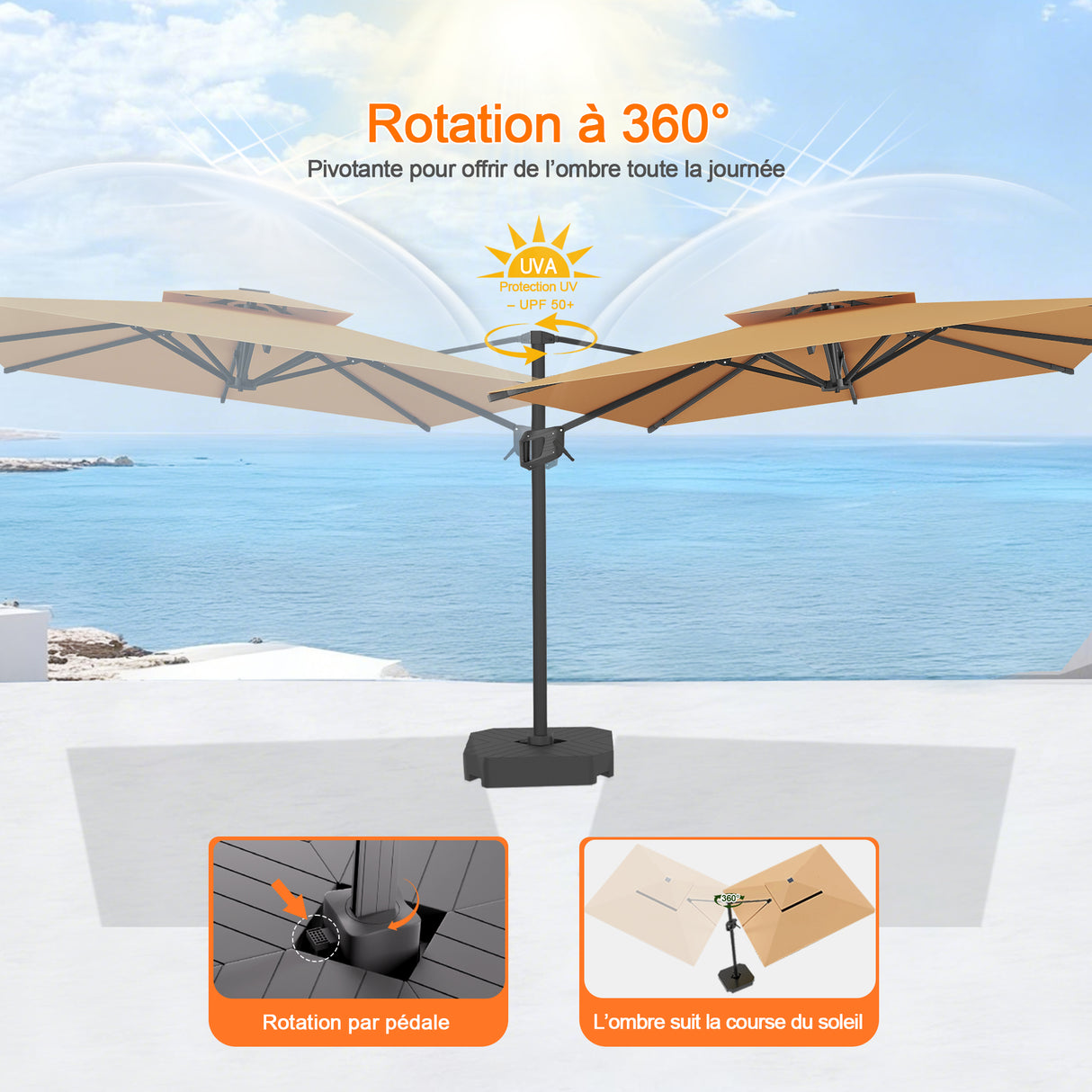 Parasol déporté Patioslife Aegis Pro™ avec base et housse de protection — Baleines en fibre de verre et mât en aluminium à revêtement thermolaqué pour jardin et terrasse