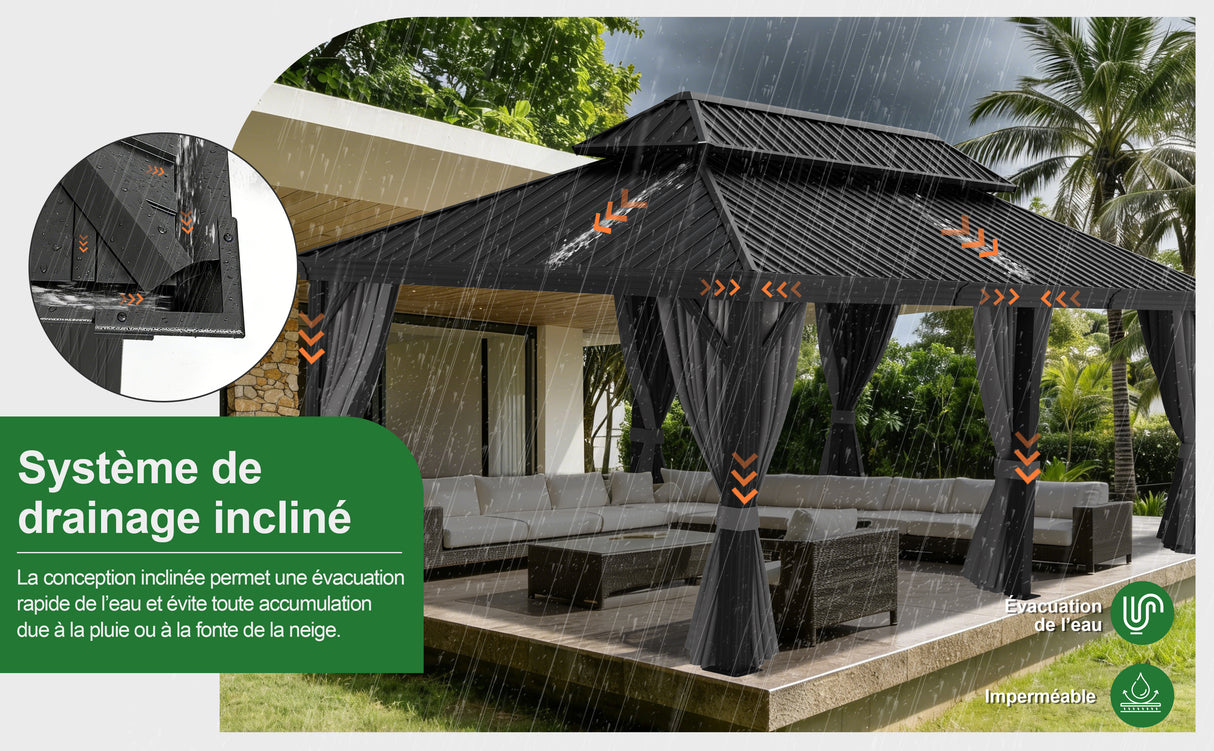 Patioslife Haven | Tonnelle à Toit Rigide, Pergola & Pavillon – Poteaux Robustes 12x12 cm, Système de Drainage Intégré & Double Ventilation, Extérieur & Jardin